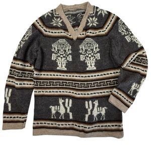 Handmade Alpaca V-Neck Long Sleeve Aztec Llama Sweater Women Small Brown